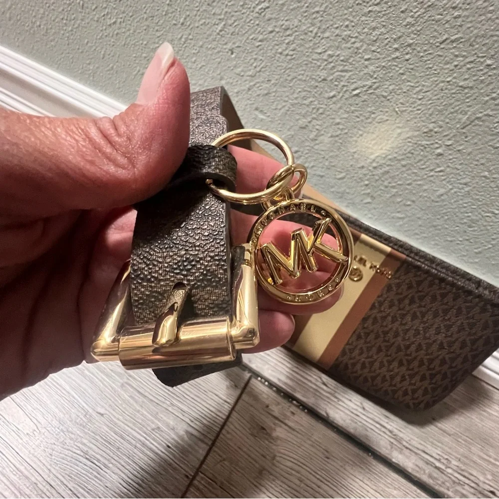 NEW Michael Kors Chocolate and Beige Belt Bag Crossbody Monogram Gold Accents
